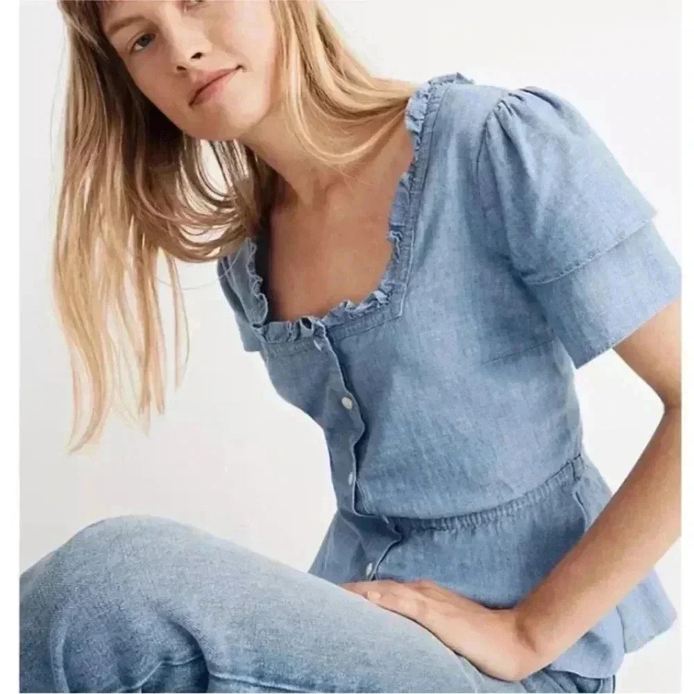 NWT Madewell Chambray Ruffle-Sleeve Peplum Top sz L
